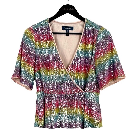 Modcloth Womens Size M Wrap Rainbow Peplum Top Blouse Sequin Surplice Party E1 - Picture 1 of 12